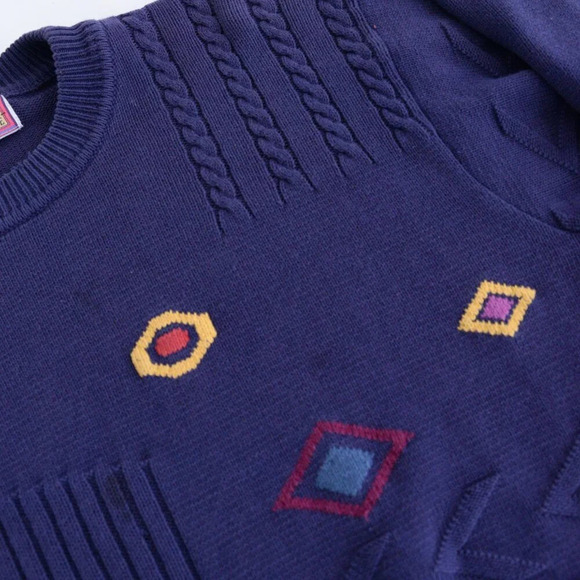 Vintage Jockey Euroline Navy Knit Geometric Shapes Crewneck Sweater  L - Picture 9 of 12